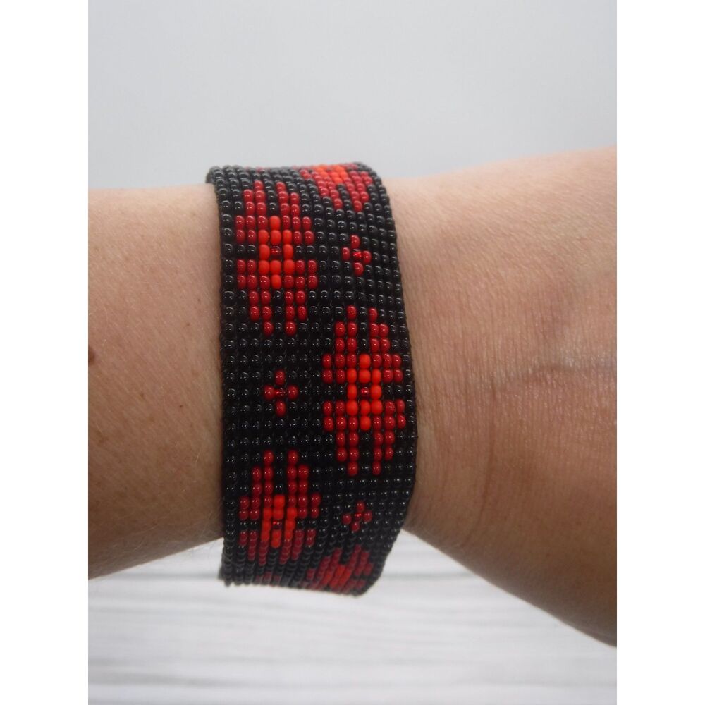 Loom Beaded Bracelet Black w/ Reds